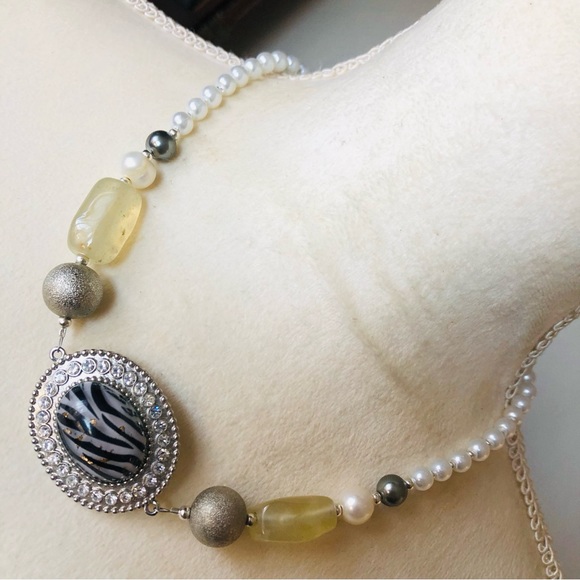 Handcrafted repurpose animal print cabochon halo Czech glass Pearl necklace
